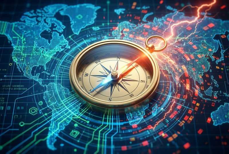 Firefly_Gemini Flash_Photo of a compass overlayed on a digital map made of data streams and network lines. 701138 Cyberrisk, Cyberbezpieczeństwo