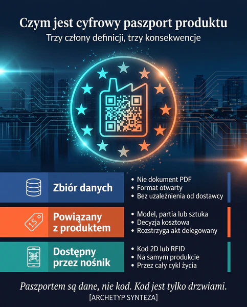 Trzy człony definicji cyfrowego paszportu produktu: zbiór danych, powiązanie z produktem, nośnik