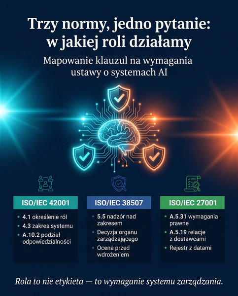 Mapowanie klauzul ISO 42001, ISO 38507 i ISO 27001 na wymagania ustawy o systemach sztucznej inteligencji