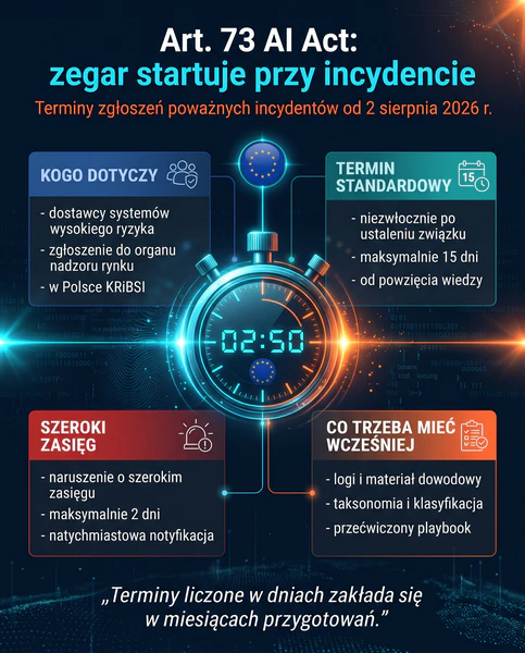 Infografika terminów zgłaszania poważnych incydentów AI według art. 73 AI Act: 15 dni standardowo, 2 dni przy szerokim zasięgu