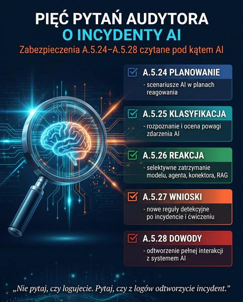 Checklist audytora: pięć zabezpieczeń ISO/IEC 27001 (A.5.24–A.5.28) czytanych pod kątem incydentów AI
