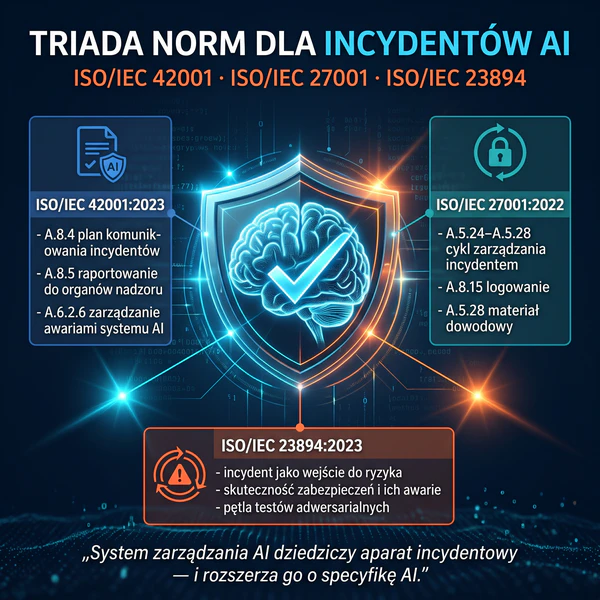 Infografika triady norm dla incydentów AI: ISO/IEC 42001, ISO/IEC 27001 i ISO/IEC 23894 z kluczowymi zabezpieczeniami
