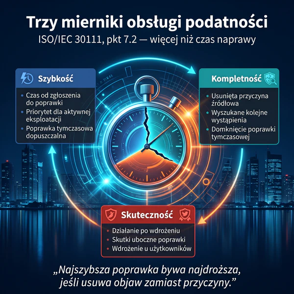 Trzy mierniki obsługi podatności według ISO/IEC 30111: szybkość, kompletność usunięcia przyczyny i skuteczność poprawk