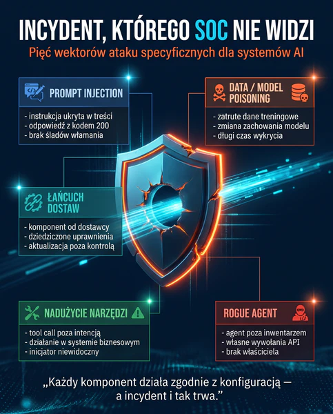 Infografika: tarcza z dziurą i pięć wektorów ataku na systemy AI — prompt injection, poisoning, łańcuch dostaw, nadużycie narzędzi, rogue agent
